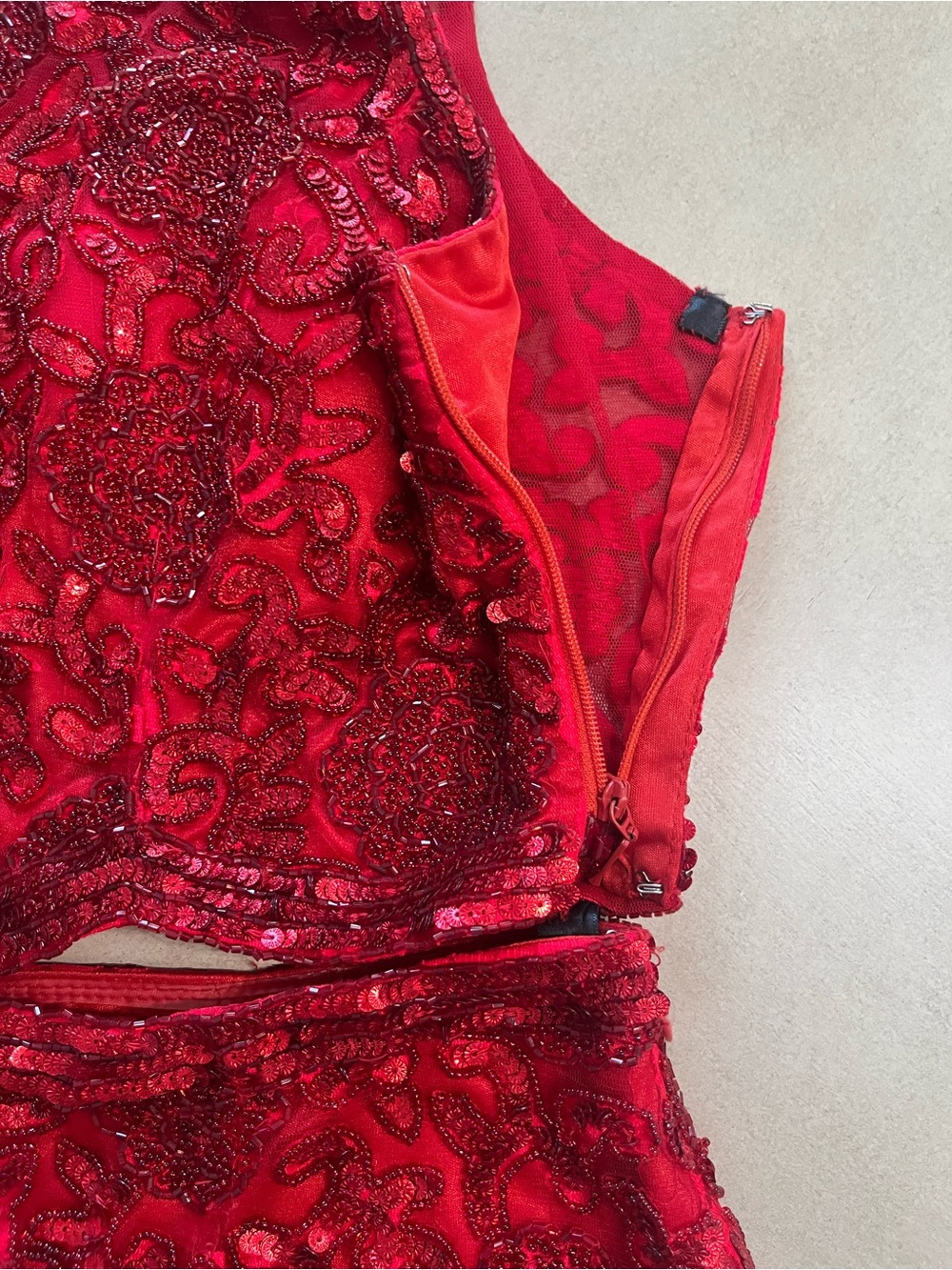 Primavera Couture Vibrant Red Sequin Beaded Two-Piece Mini Dress Crop Top Size 8 - Picture 14 of 16